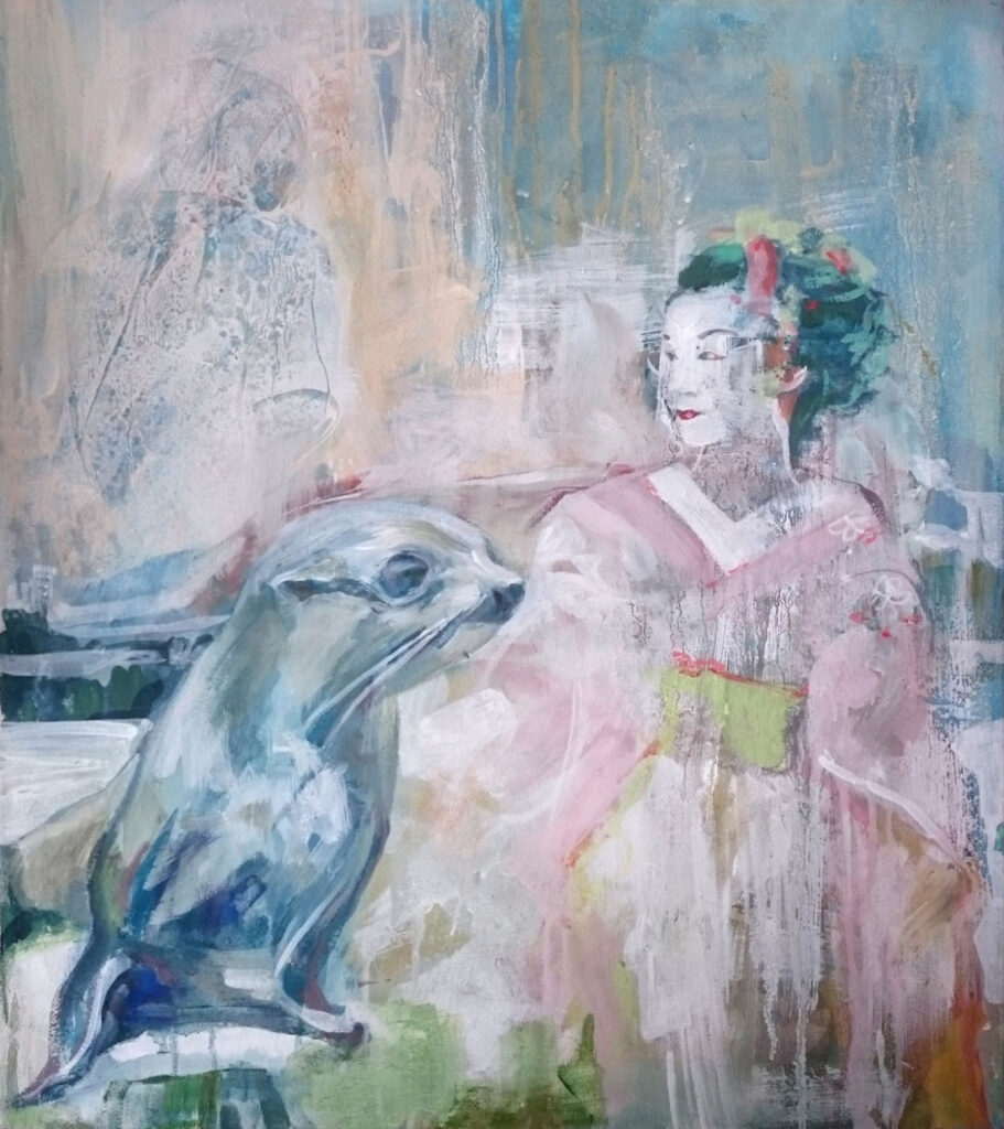 kimono figurativ Robbe japanerin geisha leimfarbe schneerose