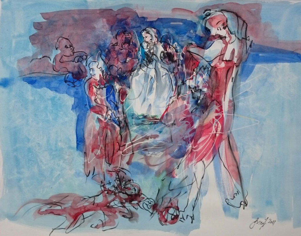 Braut watercolor Aquarell Tuschestift Abdeckstift Maskierung brushstroke Figur rotblau