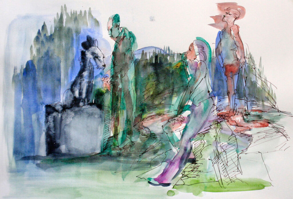 Aquarell mit Hund federzeichnung