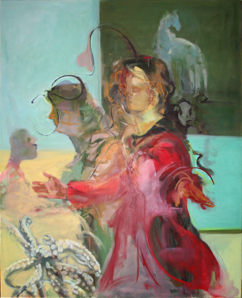 rotes kleid schweben Tintenfisch Ölmalerei figurativ semiabstrakt