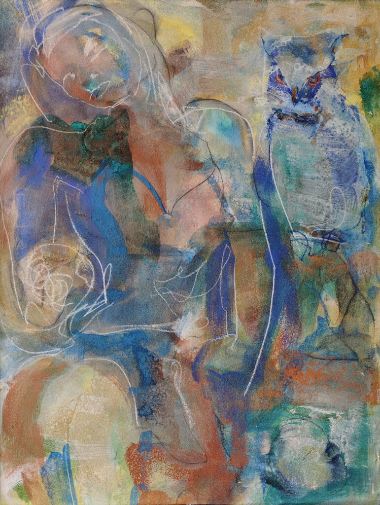 Acrylpainting Frau Mädchen eule owl linie lininzeichnung semiabstrakt